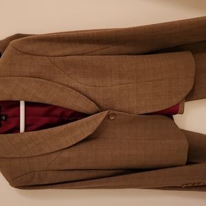 Pantsuit tan with gold thread lined jacket with cranberry red. Lovely buttons